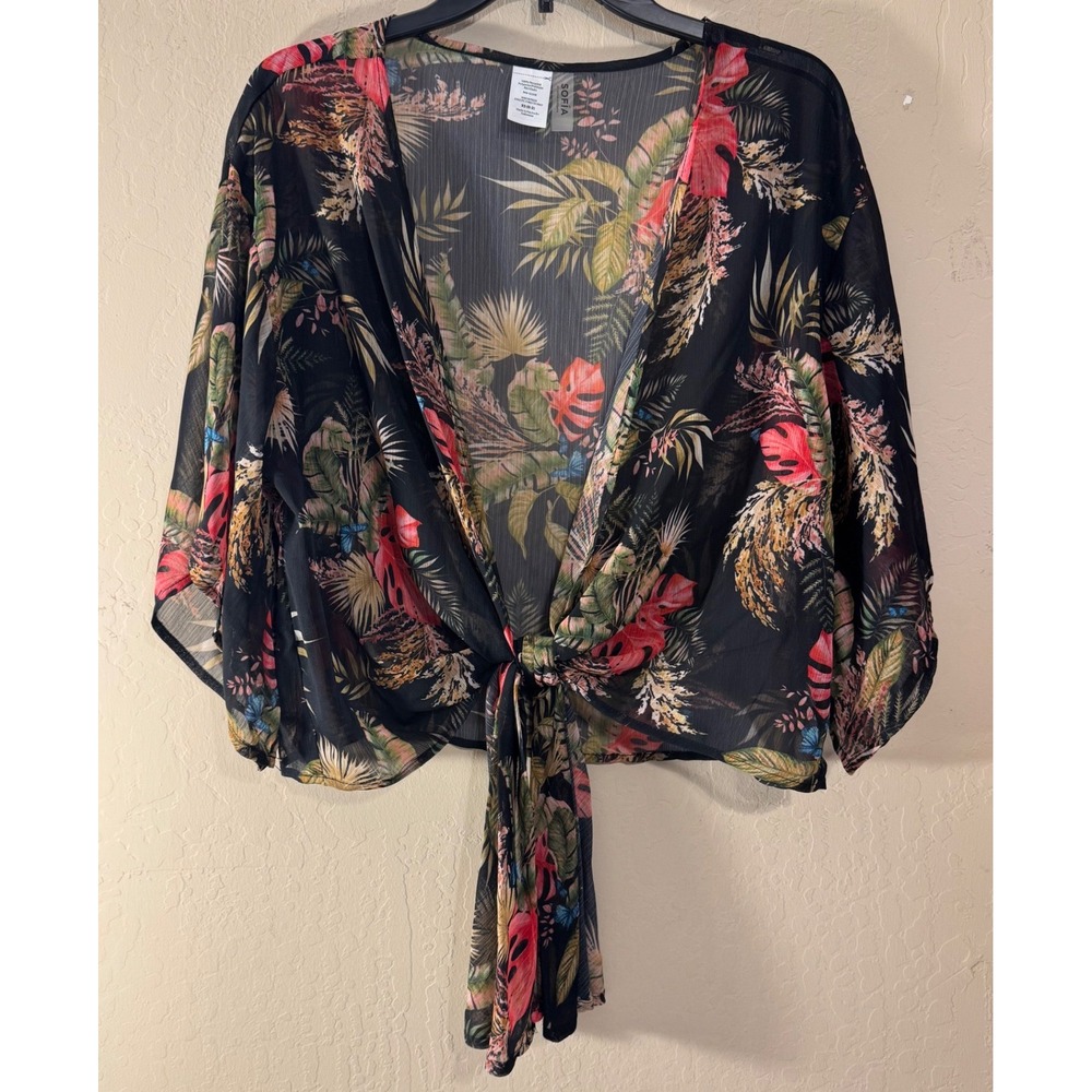 SofiaVergara Batwing Crop Top Women XS Black Tropical Tie Front Sheer CoverupNEW